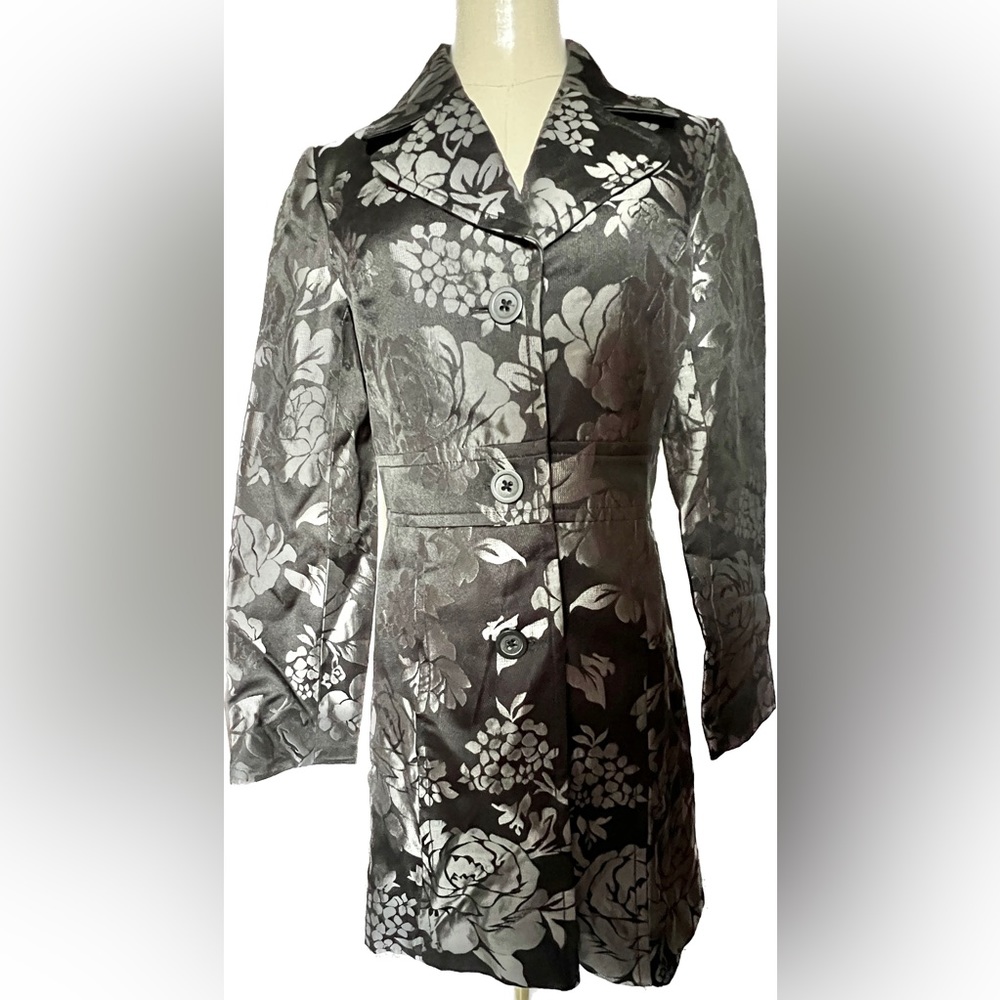 White House Black Market Black/Silver Floral Long Jacket | Size XS